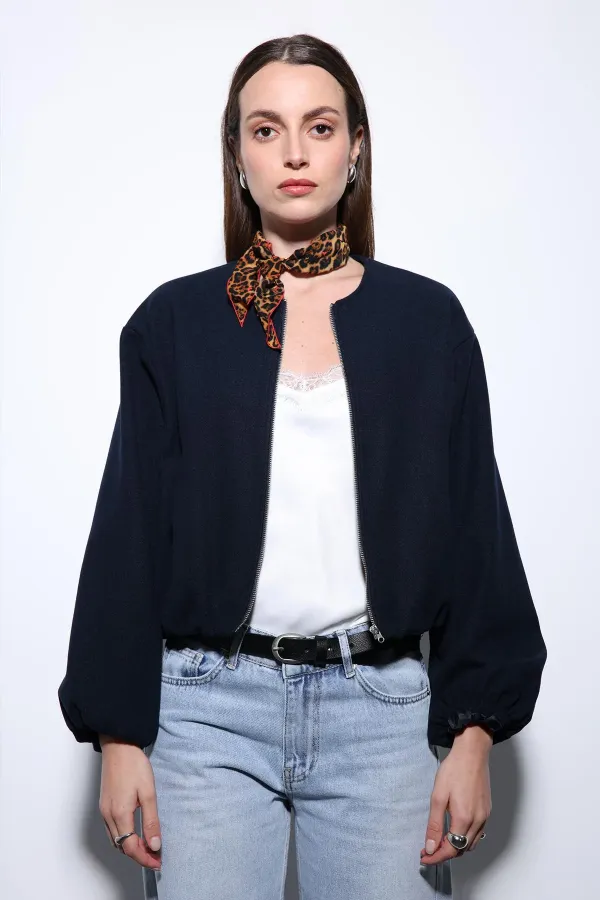 Veste courte bleu marine Antioch avec taille élastique pour femme