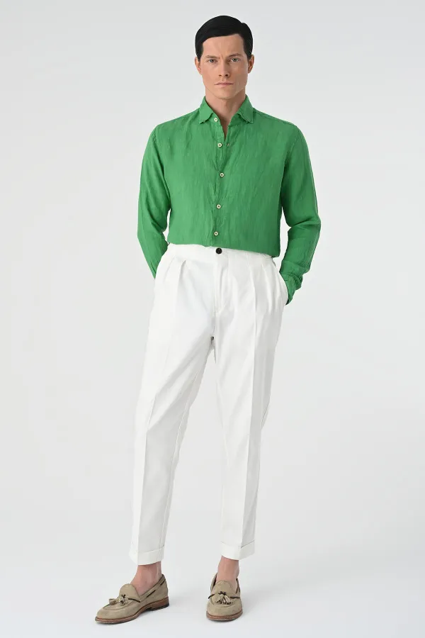 Chemise homme Antioch vert pistache avec bouton au col, 100 % lin