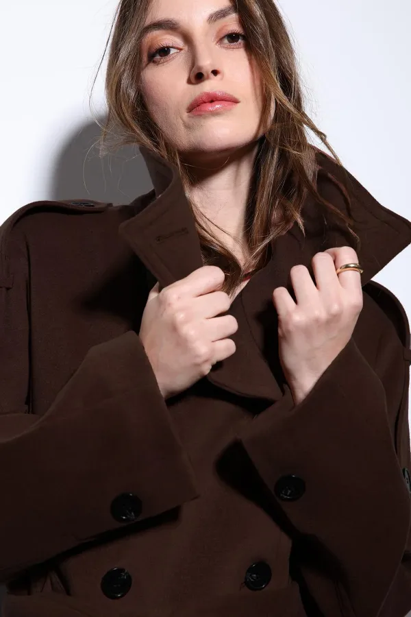 Antioch Koyu Kahve Dik Yaka Kruvaze Kadın Kaban