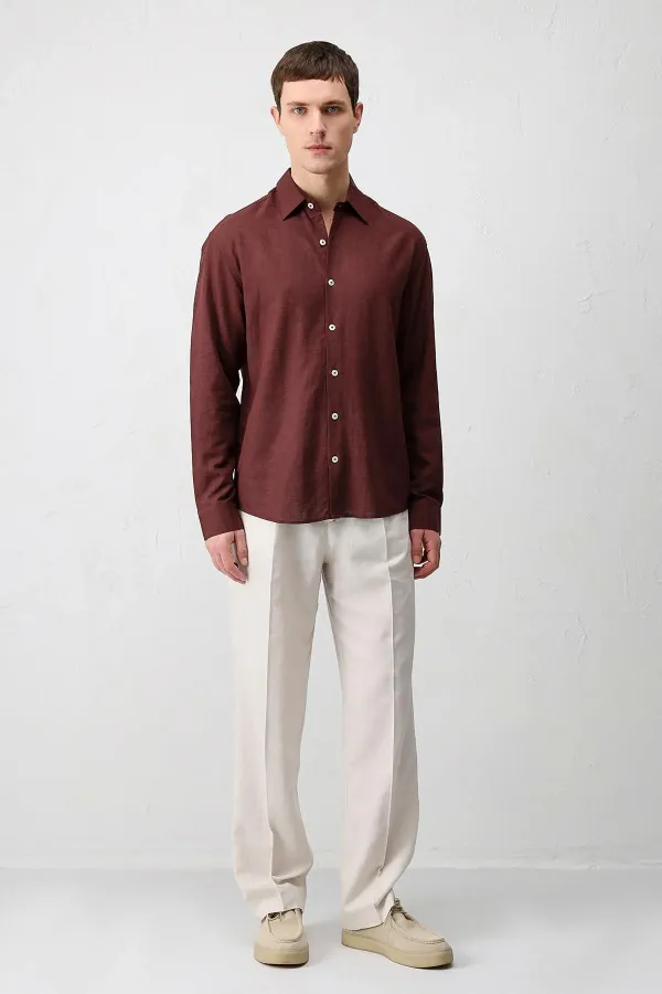Antioch Bordo Keten Karışımlı Relax Fit Erkek Gömlek