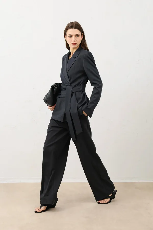 Antioch Füme Vücuda Oturan Kuşaklı Kadın Blazer Ceket