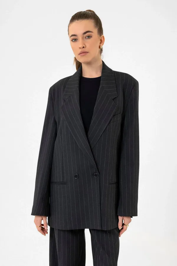 Antioch Lacivert Kadın Çizgili Oversize Blazer Ceket