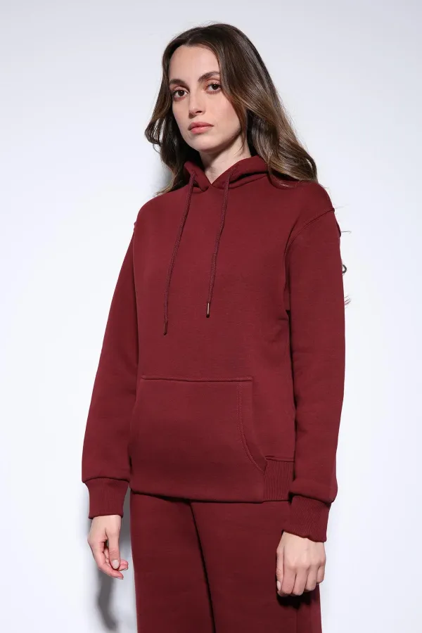 Antioch Bordo Kapüşonlu Basic Kadın Sweatshirt