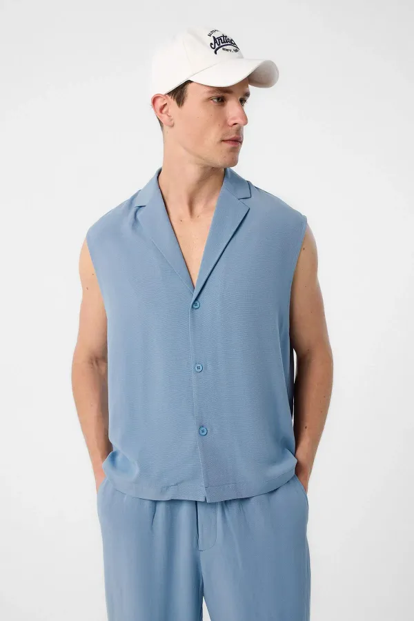 Chemise sans manches pour homme en lin mélangé bleu Antioch