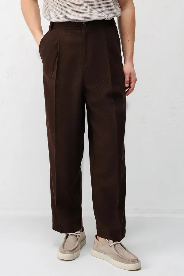 Antioch Koyu Kahve Yüksek Bel Pileli Relax Fit Erkek Pantolon