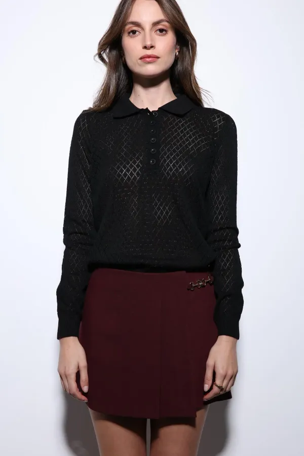 Antioch Siyah Polo Yaka Desenli Triko Kadın Kazak