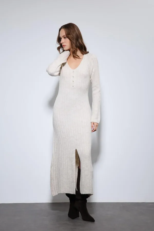Antioch Off-White Knit Dress with Slit Detail