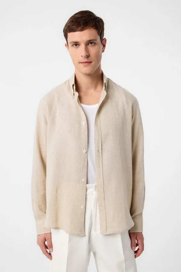 Chemise homme Antioch beige en lin mélangé à col boutonné