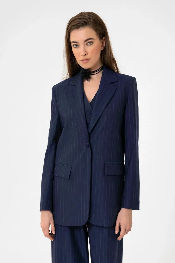 Antioch Lacivert Kadın Tek Düğme Çizgili Blazer Ceket