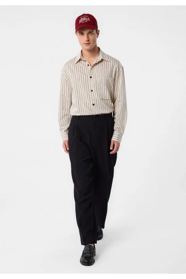 Antioch Bej Relax Fit Çizgili Erkek Gömlek