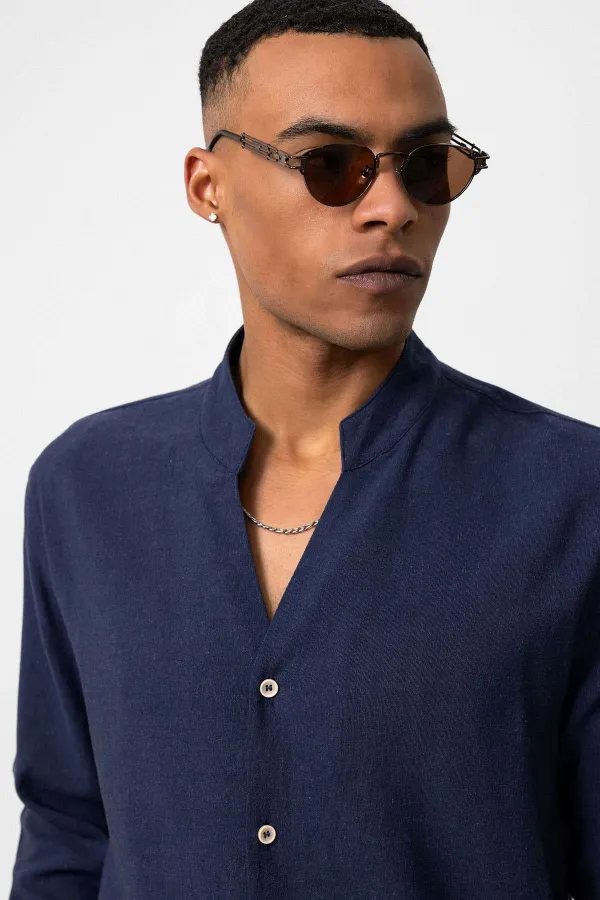 Antioch Navy Blue Mandarin Collar Long-Sleeved Men's Shirt