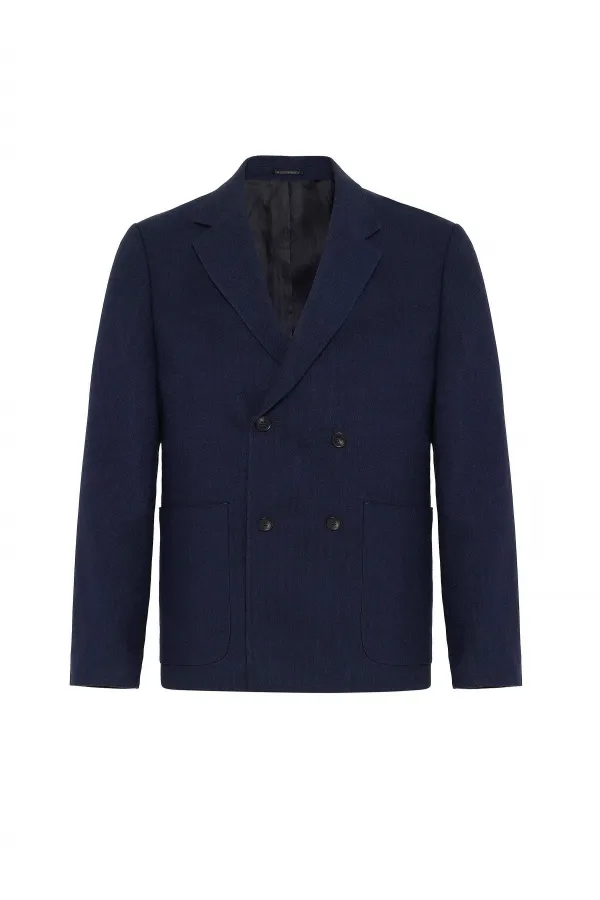 Antioch Lacivert Relax Fit Keten Karışımlı Erkek Blazer Ceket