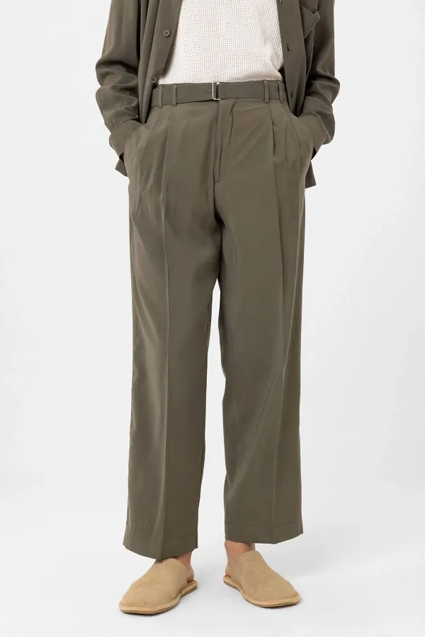 Antioch Khaki Modal Fabric Relax Fit Belted Men's Trousers