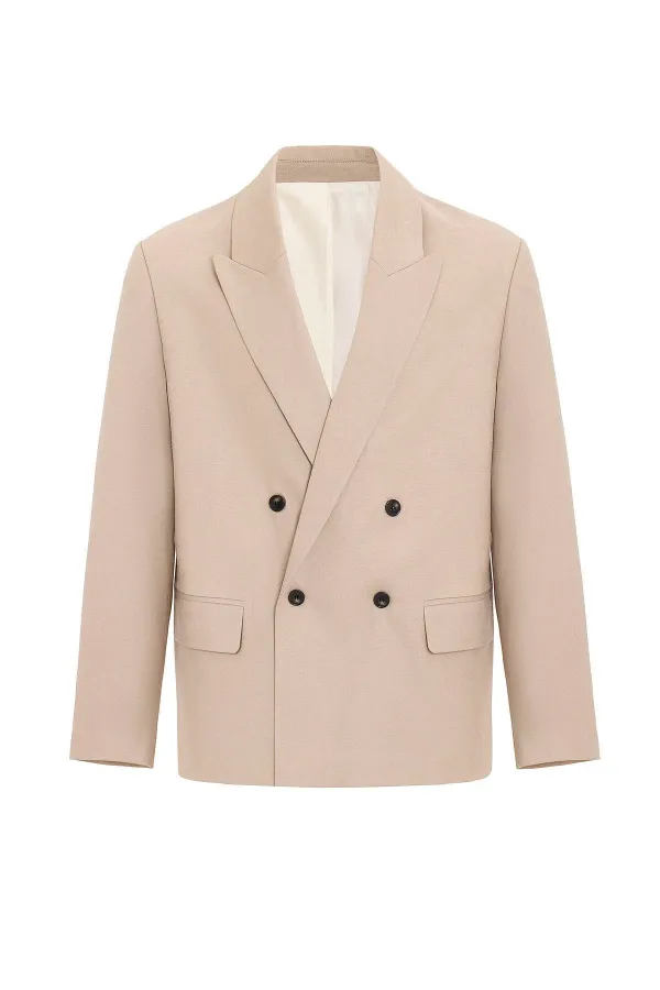 Antioch Bej Relax Fit Keten Karışımlı Erkek Blazer Ceket