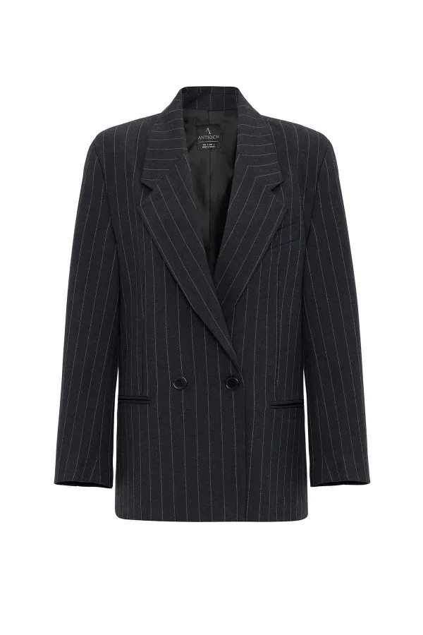 Antioch Lacivert Kadın Çizgili Oversize Blazer Ceket