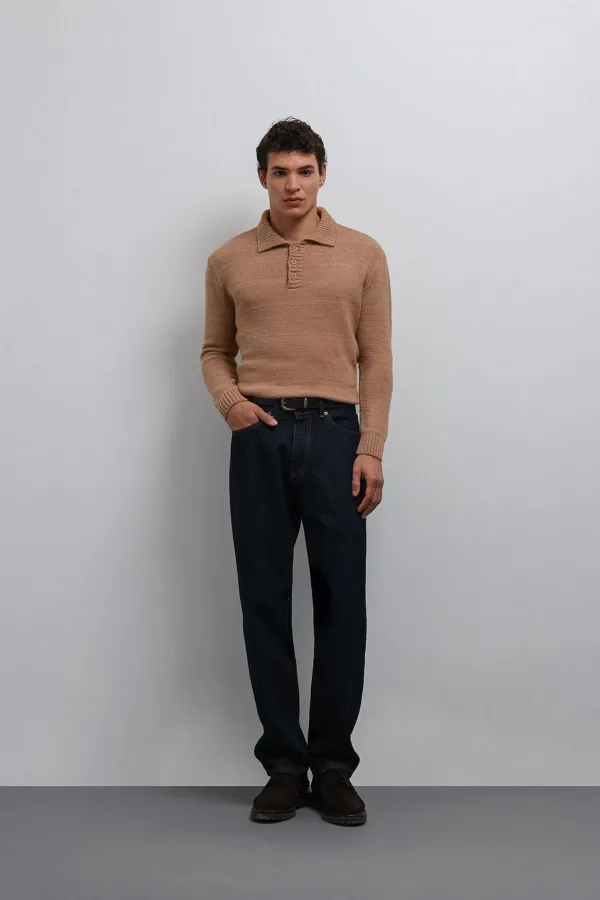 Pull homme Antioch beige à col boutonné