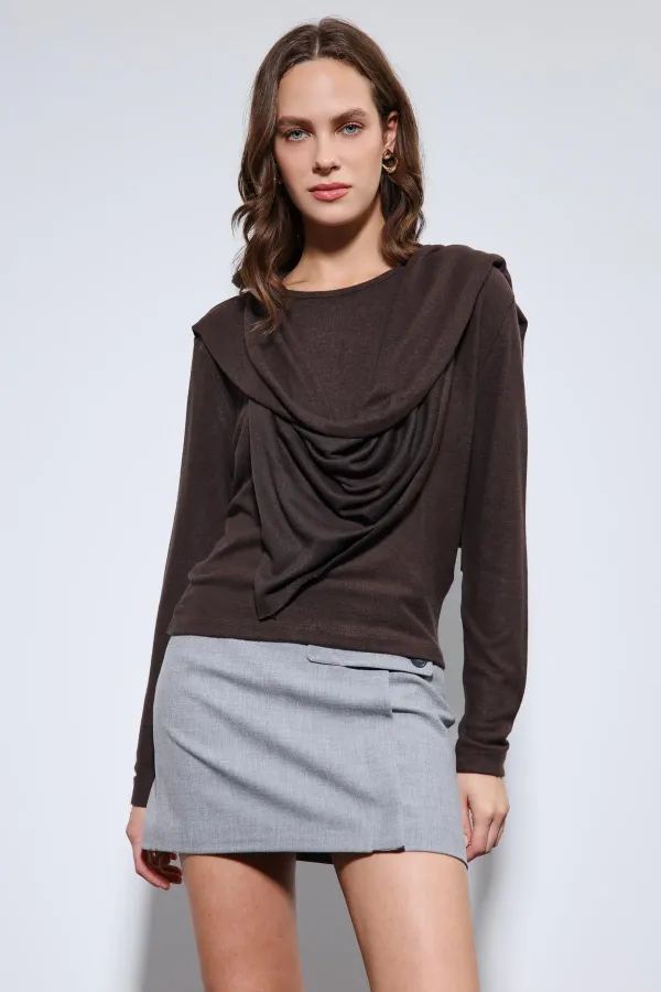 Antioch Coffee Draped Shawl Detailed Top