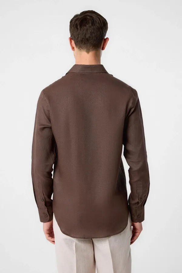Antioch Kahve 100% Keten Comfort Fit Erkek Gömlek