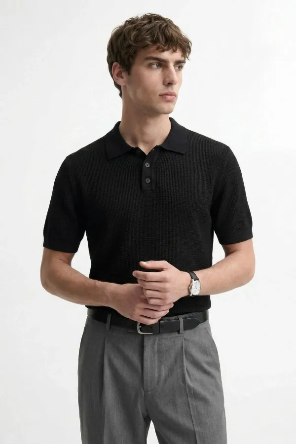 T-shirt homme Antioch noir en maille texturée à col polo