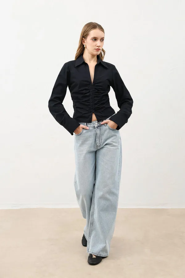 Chemise Antioch noire froncée en popeline pour femme