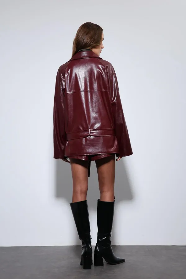 Antioch Bordo Suni Deri Kemerli Trençkot