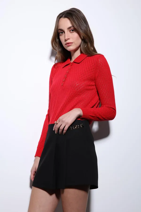 Pull en maille à motif Antioch rouge à col polo pour femme