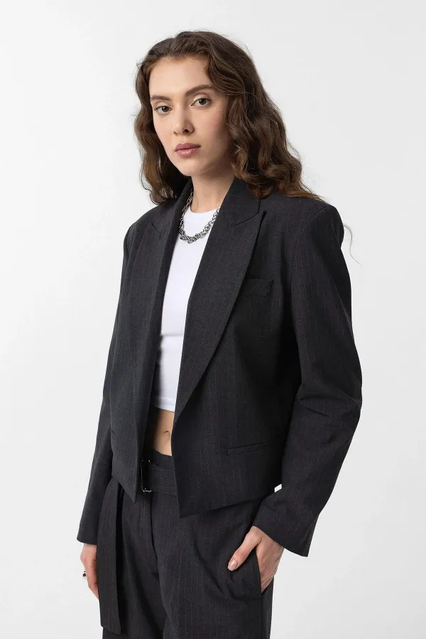 Antioch Anthracite Relax Fit Buttonless Crop Women's Blazer Jacket