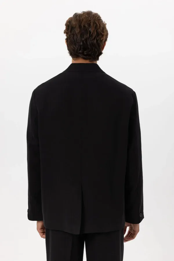 Antioch Black Linen Blend Double-Breasted Button-Down Men's Blazer Jacket