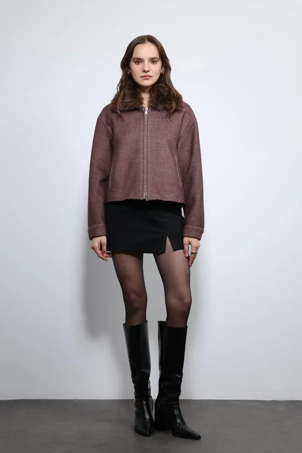 Veste Antioch bordeaux en laine mélangée à col en fausse fourrure