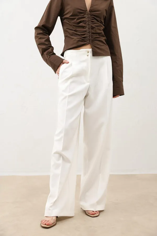 Antioch Ecru Wide Leg Women's Trousers with Pens Detail