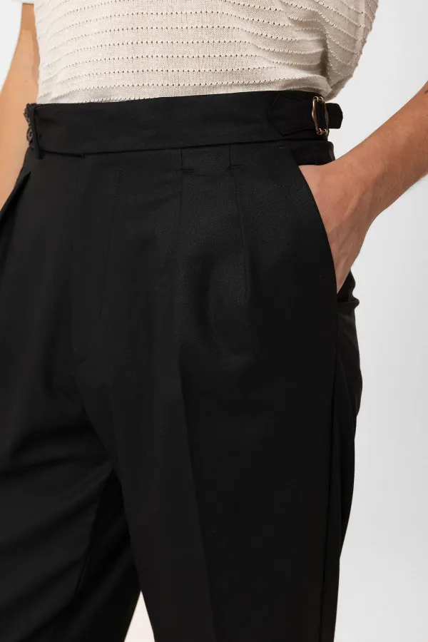 Pantalon Antioch noir plissé taille haute pour homme