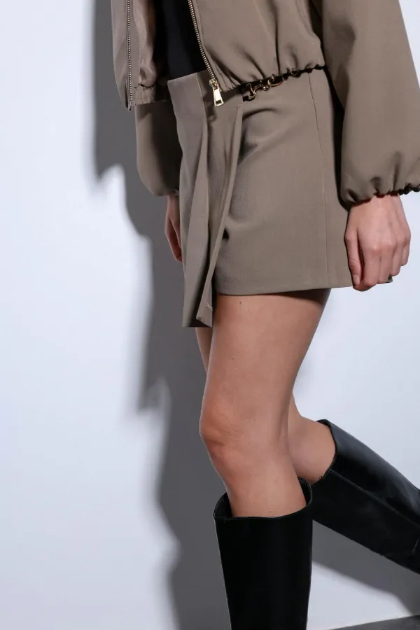 Antioch Khaki Pleated Short Skirt with Chain Detail