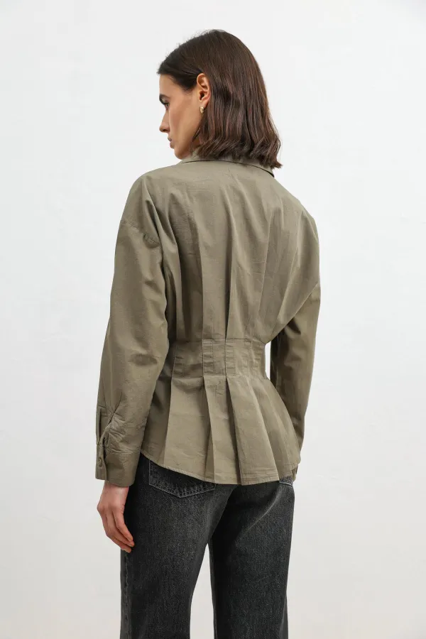 Antioch Haki Pilili Poplin Kadın Gömlek