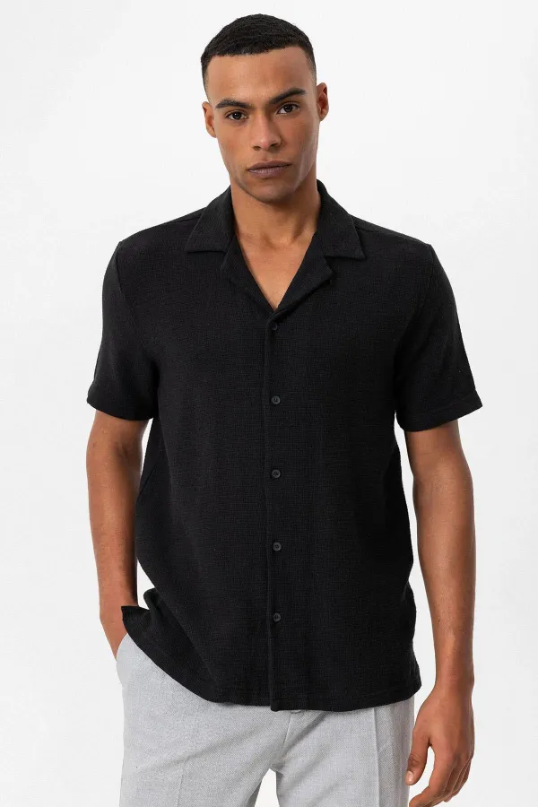 Antioch Black Apache Collar Knitted Textured Men's Shirt