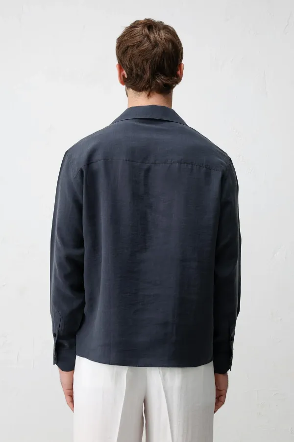 Chemise homme Antioch bleu marine en mélange lyocell à col large