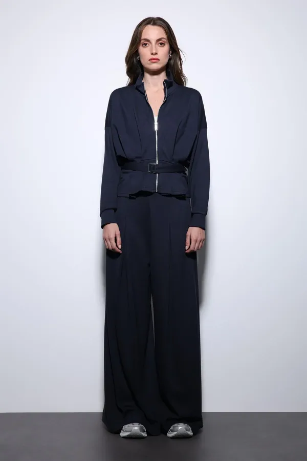 Antioch Lacivert Bel Kemerli Geniş Paça Pantolonlu Takım