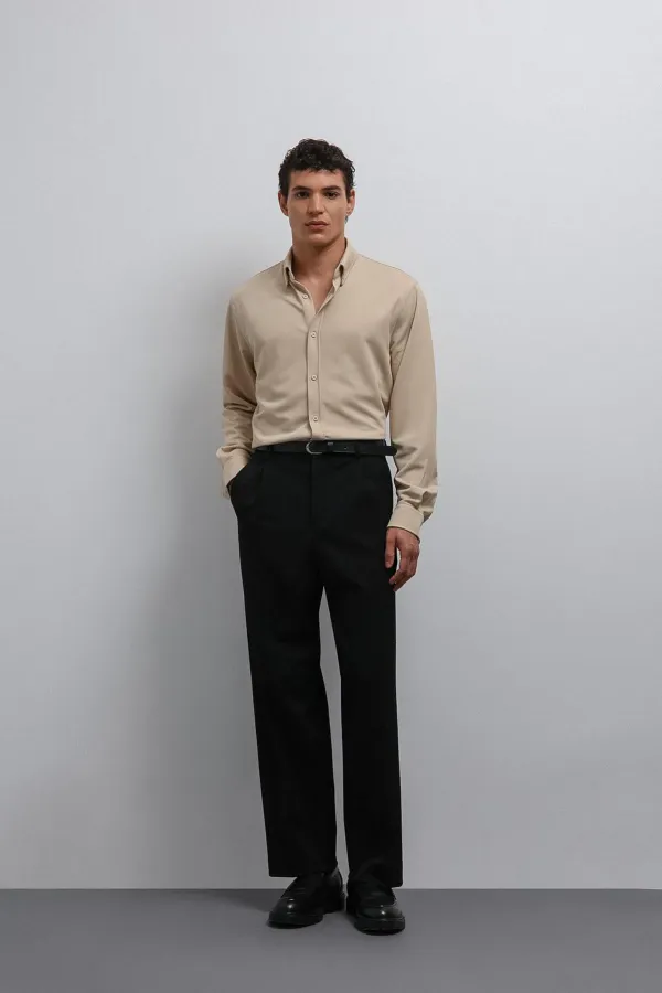 Antioch Bej Düğmeli Yaka Relax Fit Erkek Gömlek