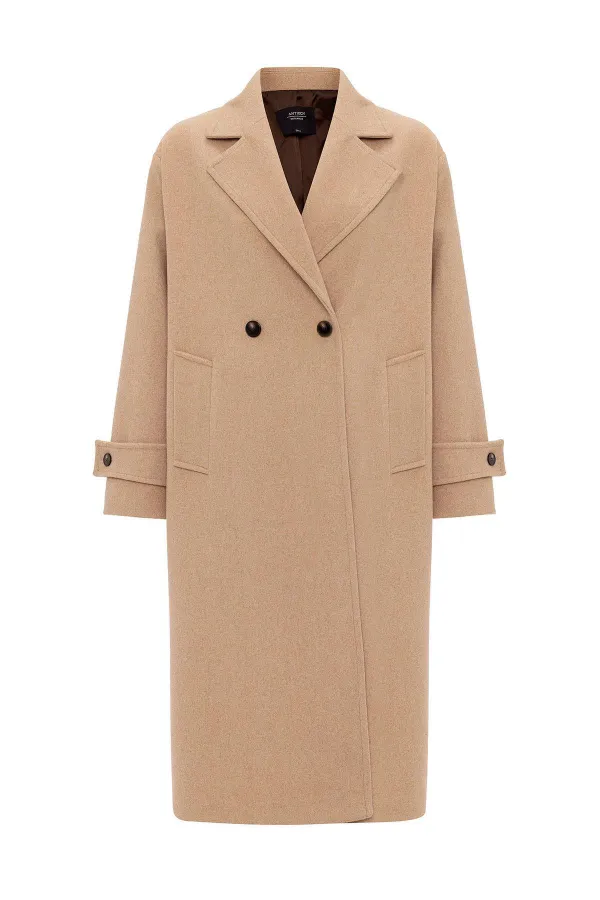 Antioch Bej Kadın Yumuşak Dokulu Oversize Kruvaze Kaban