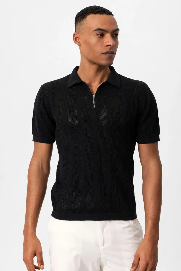 Antioch Black Polo Collar Zip-Up Knitted Men's T-Shirt
