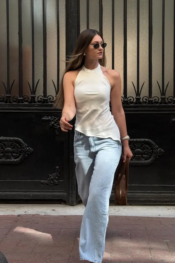 Jean Antioch bleu clair taille haute pour femme