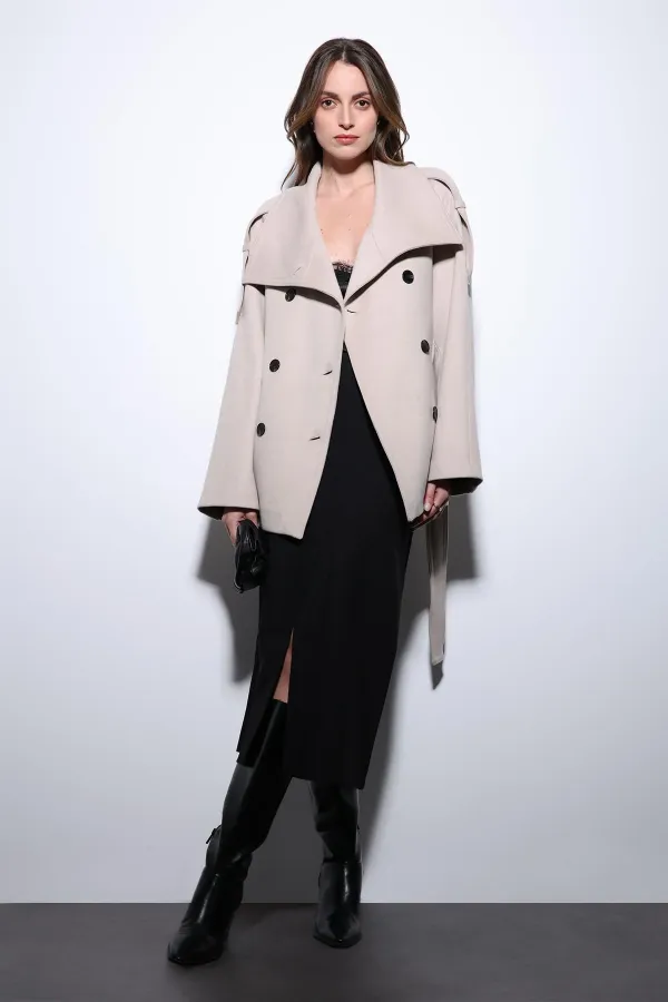 Antioch Bej Dik Yaka Kruvaze Kadın Kaban