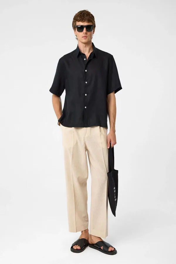 Antioch Siyah 100% Keten Relaxed Erkek Gömlek