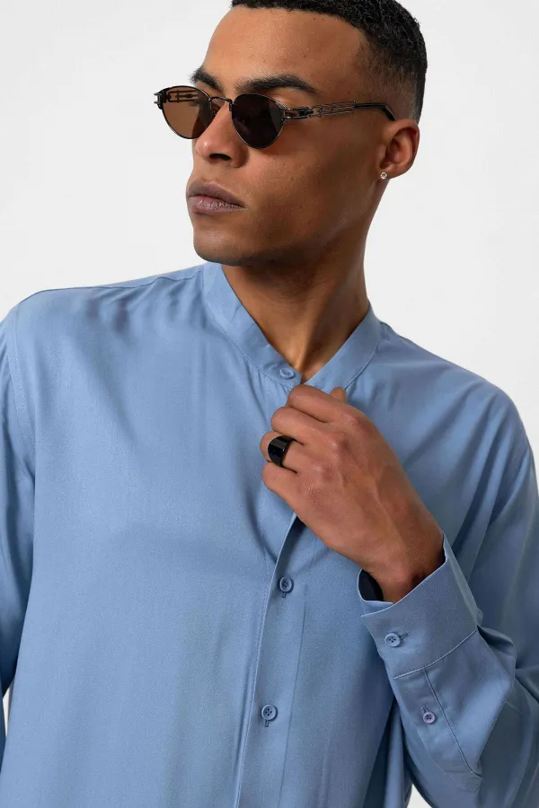 Antioch Baby Blue Mandarin Collar Regular Fit Men's Shirt