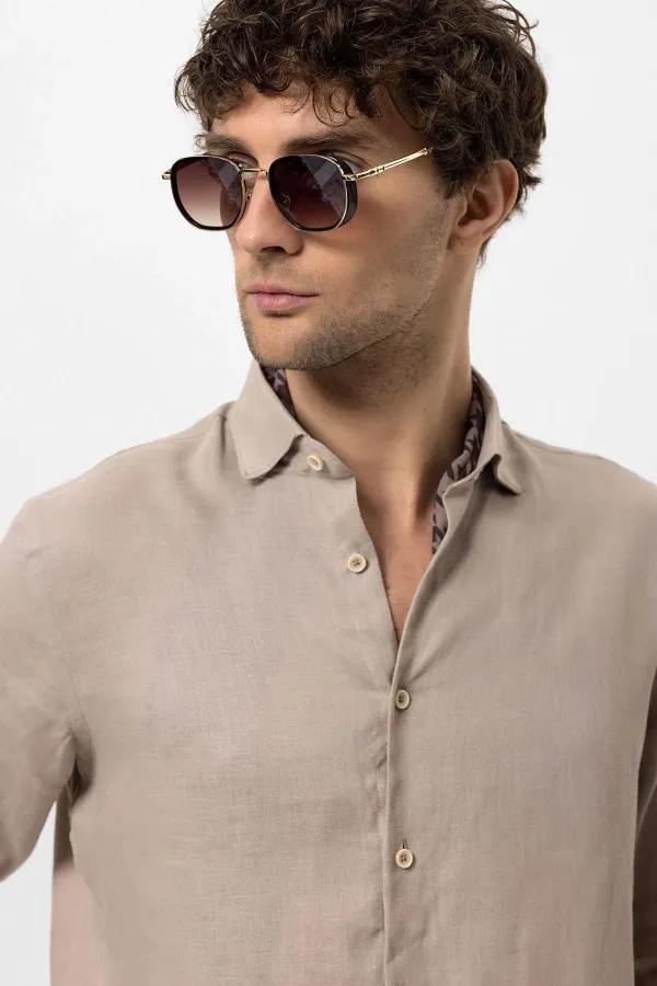 Antioch Bej Yaka Düğme Detaylı %100 Keten Erkek Gömlek