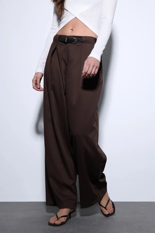 Antioch Kahve Pileli Geniş Kadın Pantolon