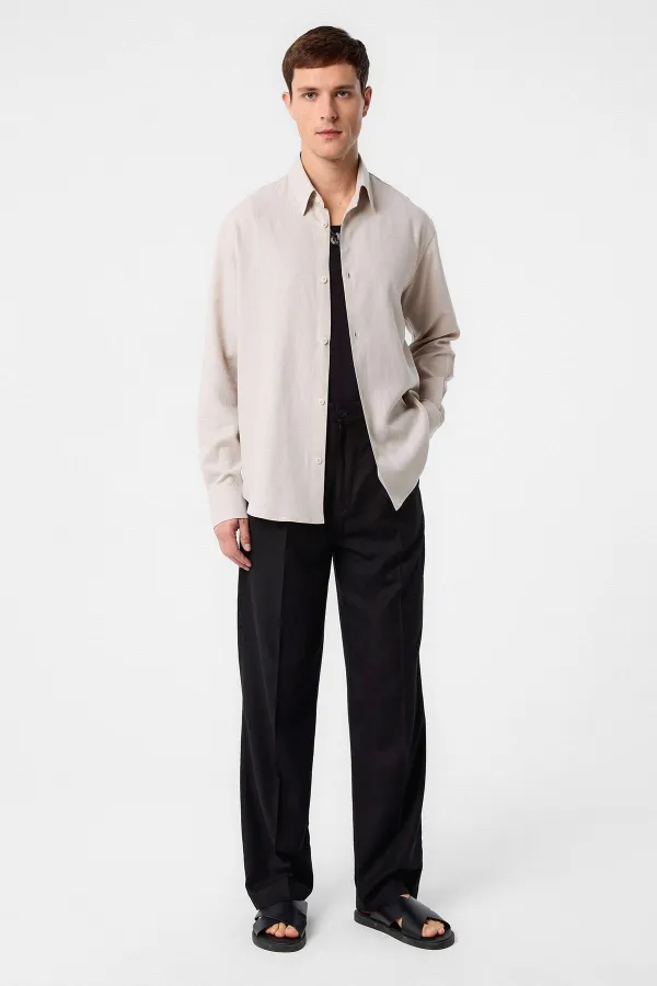 Antioch Bej Relax Fit Keten Karışımlı Erkek Gömlek