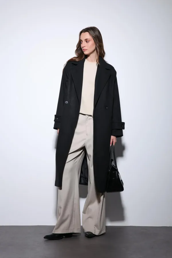 Antioch Siyah Kadın Yumuşak Dokulu Oversize Kruvaze Kaban