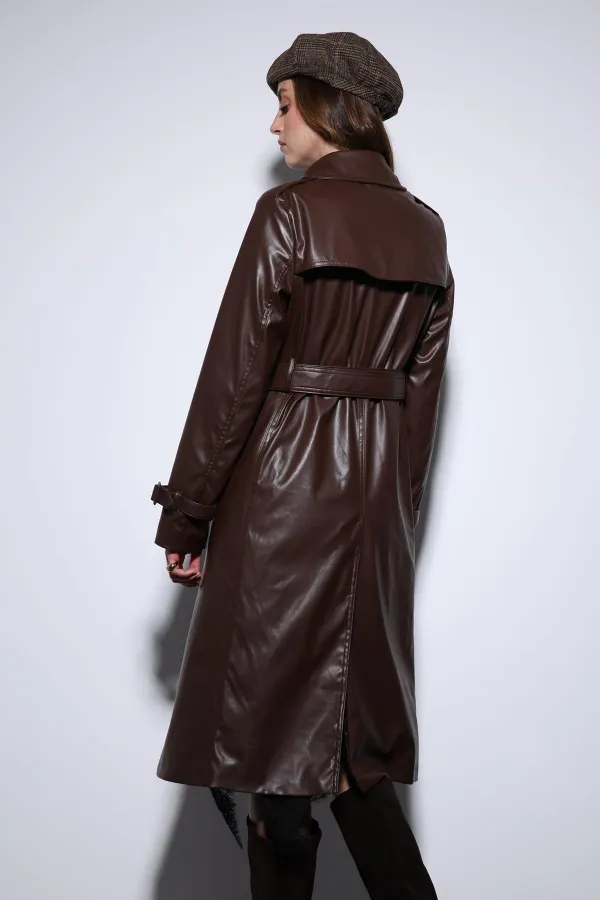 Trench-coat ceinturé en similicuir pour femme Antioch Coffee