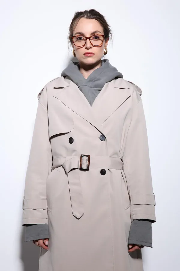 Trench-coat Antioch beige à double boutonnage et ceinture pour femme