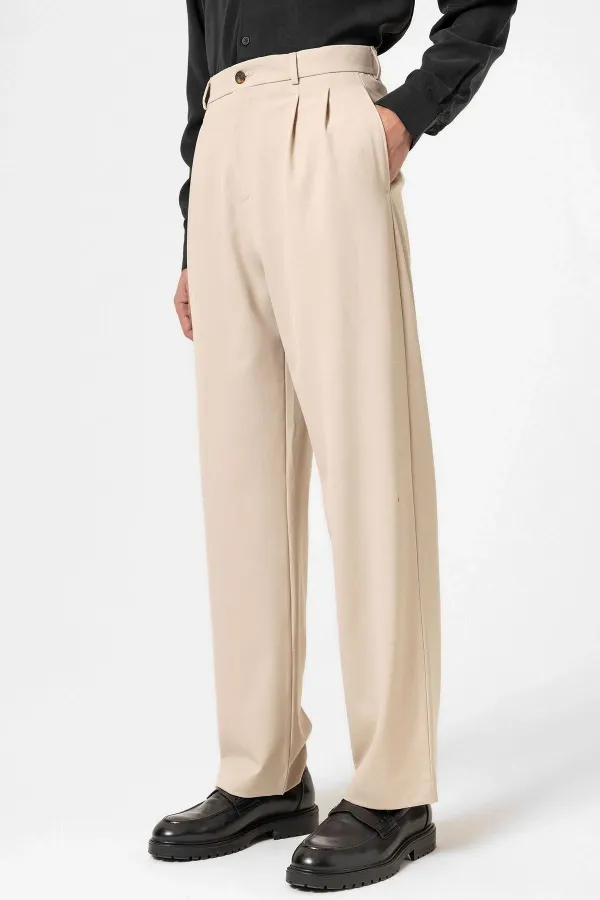 Pantalon homme Antioch beige à taille haute plissée et coupe décontractée